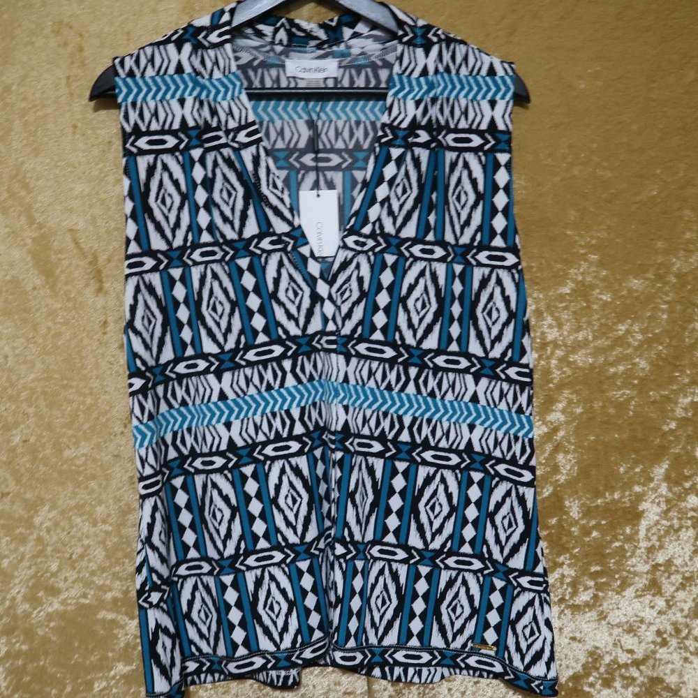 Calvin Klein White, Blue and Black Tribal Print Top - Large